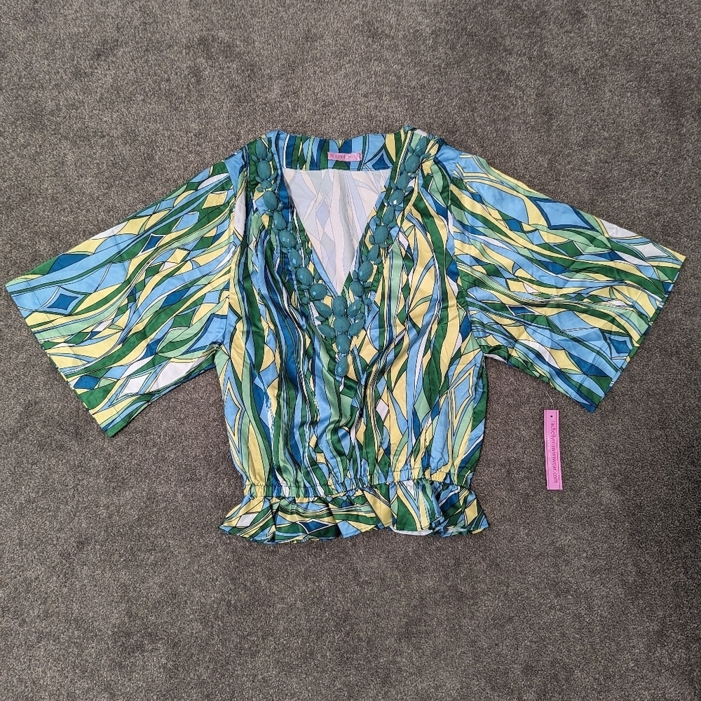 Rachel LYM Women's Swimwear Resort wear top Size XS Oversized Beads V neck NEW